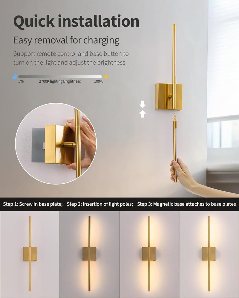KDG Cordless Wall Sconces Set of 2, Wireless 5200mAh Rechargeable Battery Operated LED Wall Lamps with Remote, 360° Rotate Lightings for Wall Painting, Bedroom, Hallway, Night Light 23.6 inch (Gold) - Image 3